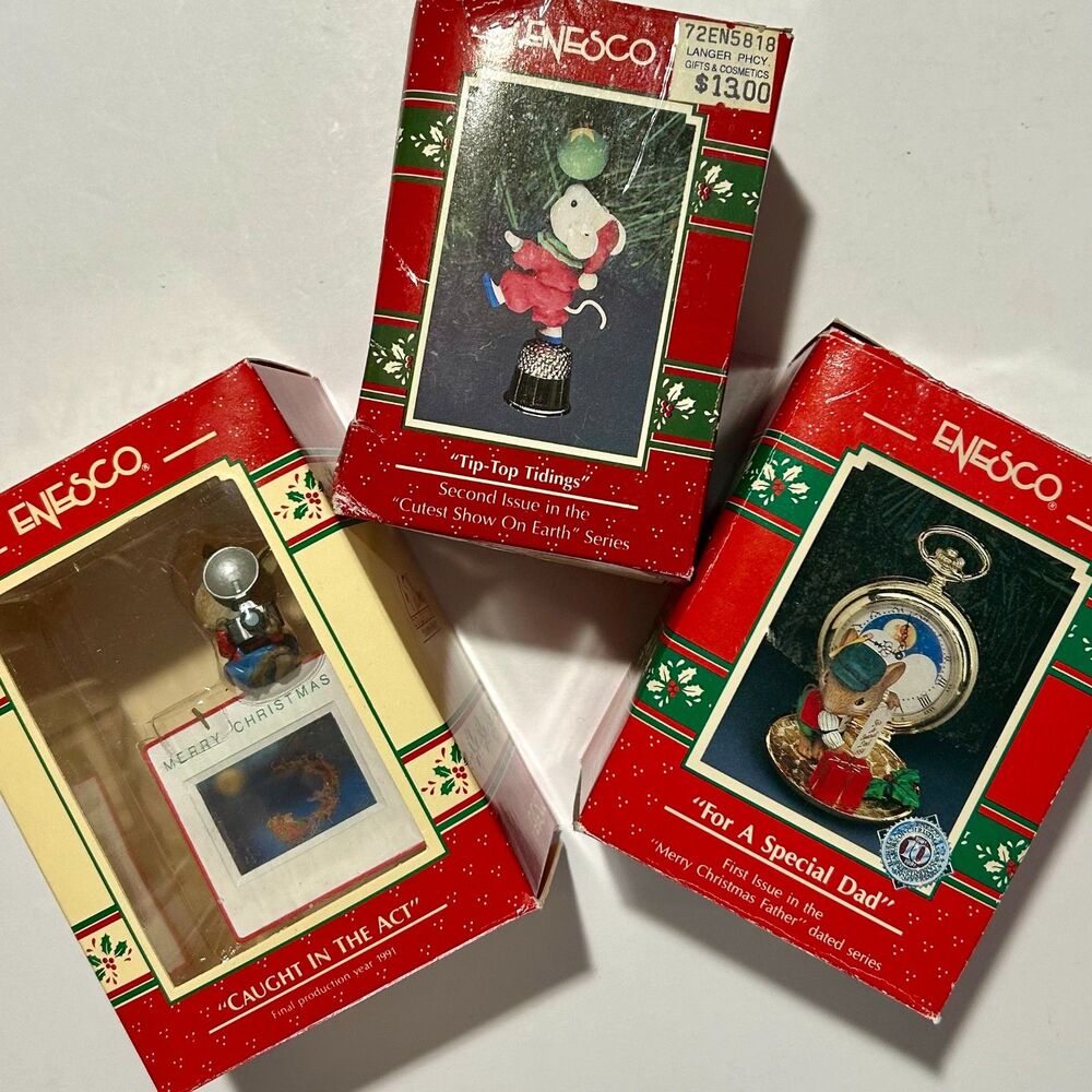 VTG 90s Enesco Christmas Ornament Lot 3pc, with box, Mouse Theme, Cottagecore